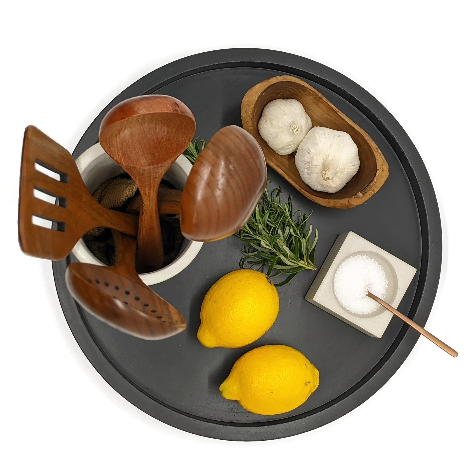 Black 15 inch Concrete Lazy Susan with pinch bowl of salt, lemon, garlic, and utensil holder